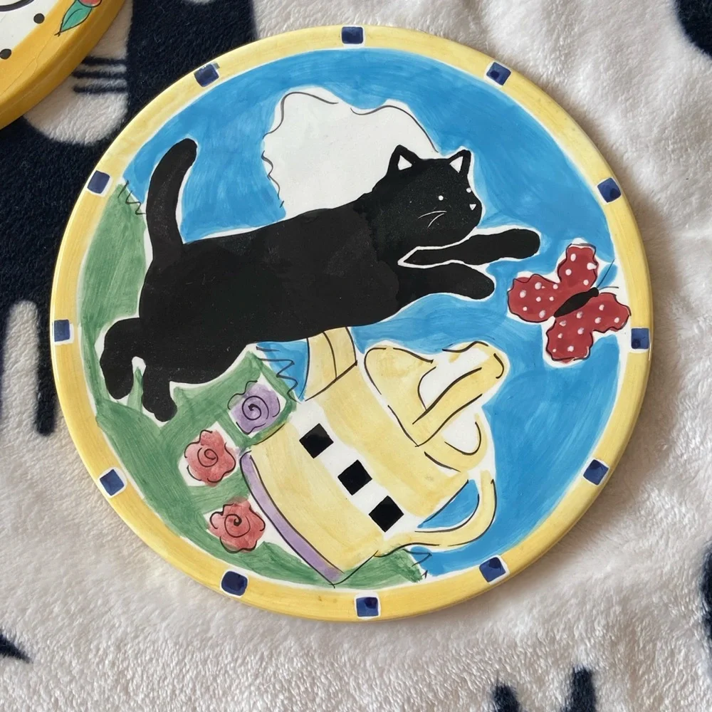 Playful Black Cats and flowers and a Gardening Pail ceramic